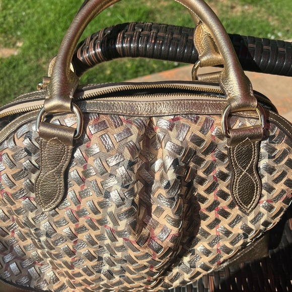 *AUTHENTIC BURBERRY* Gold/Beige Haymarket Check PVC and Leather Thornley Satchel - Picture 9 of 15